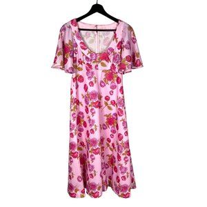 Vintage 60s Pink Floral Scoop Neck Short Sleeve Flare Skirt Midi Dress Medium